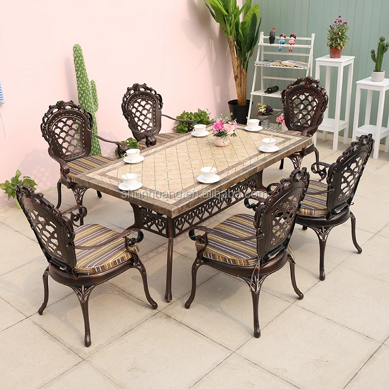 
Luxury cast aluminum garden set cast aluminum furniture livingroom dining set metal frame with marble table 