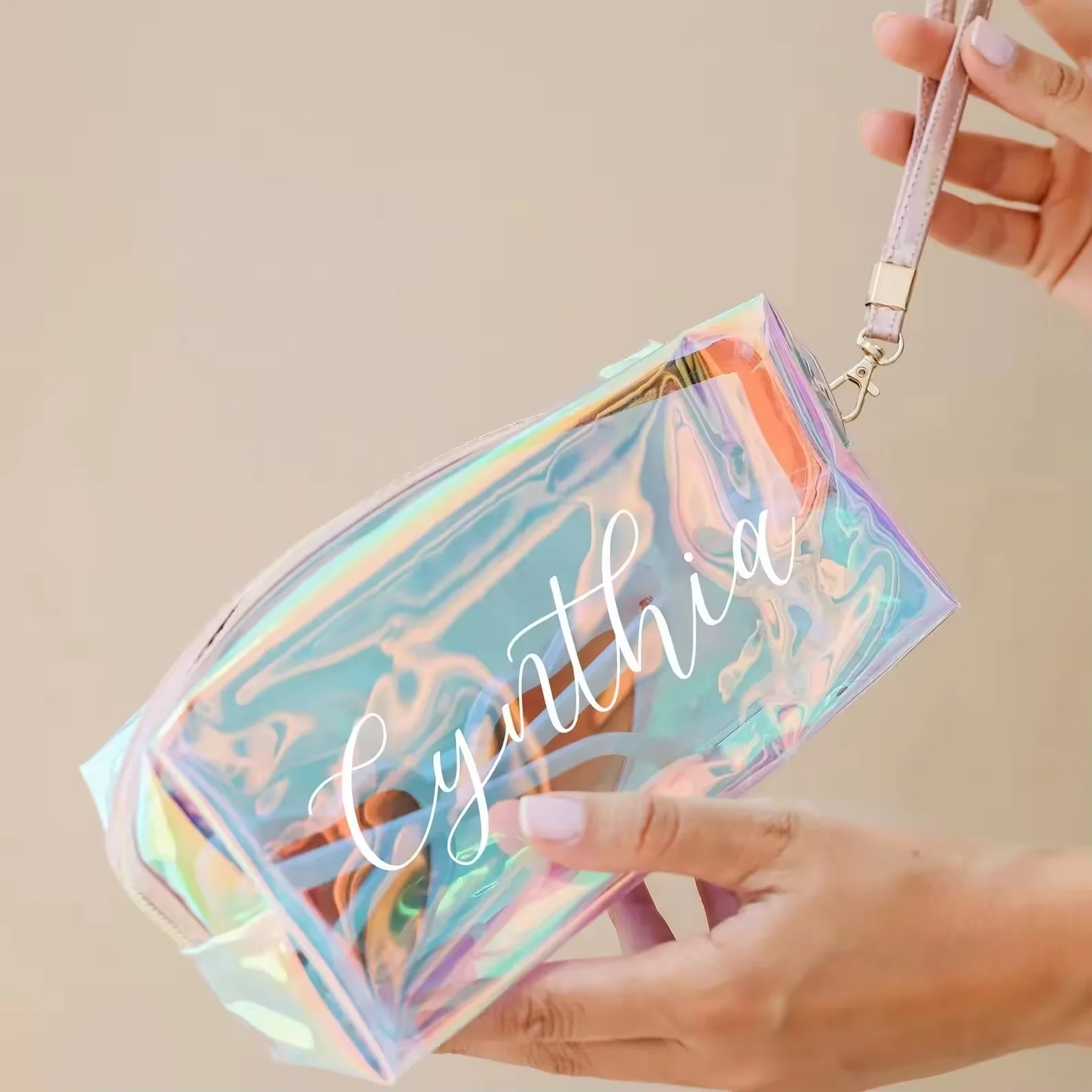 Custom logo travel laser PVC TPU iridescent cosmetic pouch zipper makeup Bag with Wrist Strap