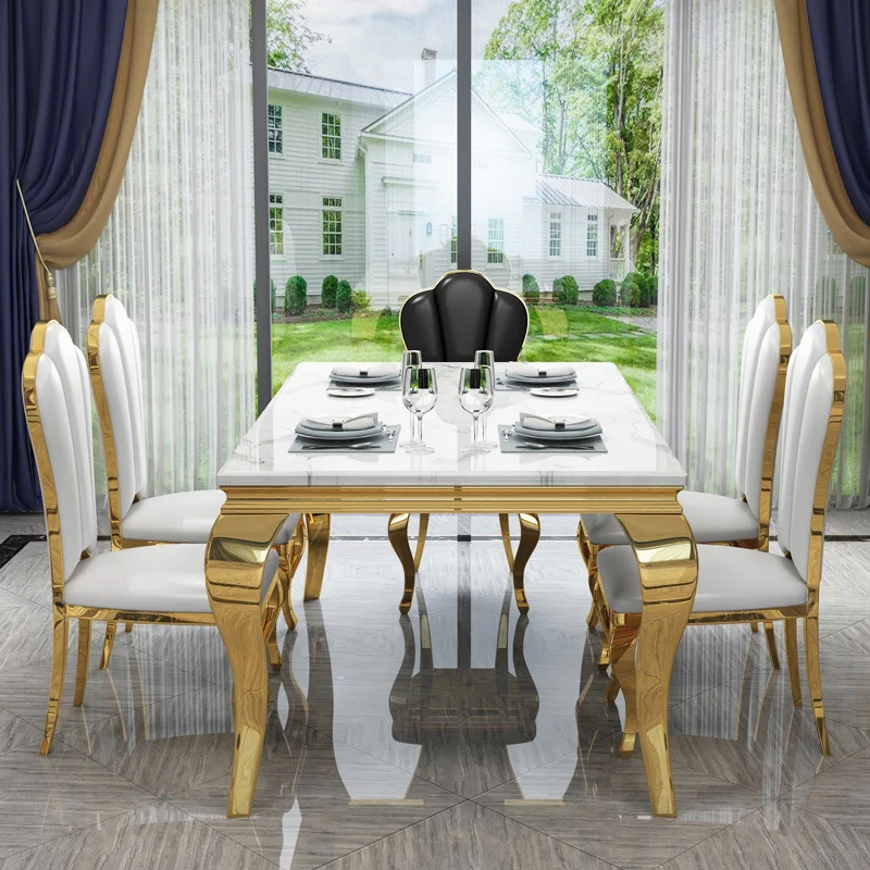 Dining room furniture gold stainless steel leg marble dining table and chair set for home hotel restaurant