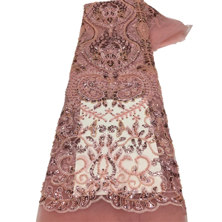 2023 Bulk Buy Nigerian Modern Pink Beaded Lace Fabric Bridal Embroidery Glitter Lace for Dress