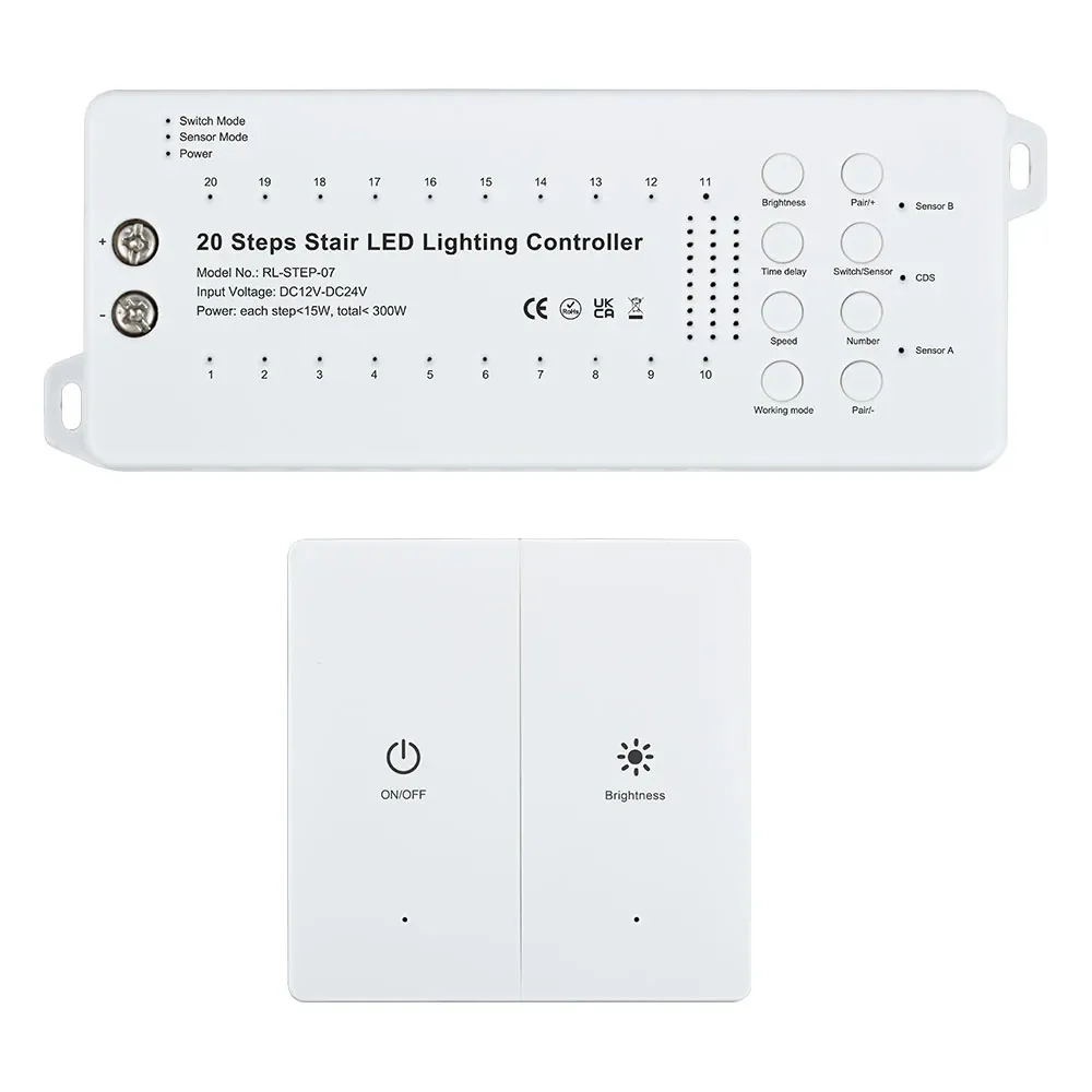 20 Steps Dynamic Stair Lighting Controller With Panel Switch And Motion Sensor Control System For House Staircase LED Strips