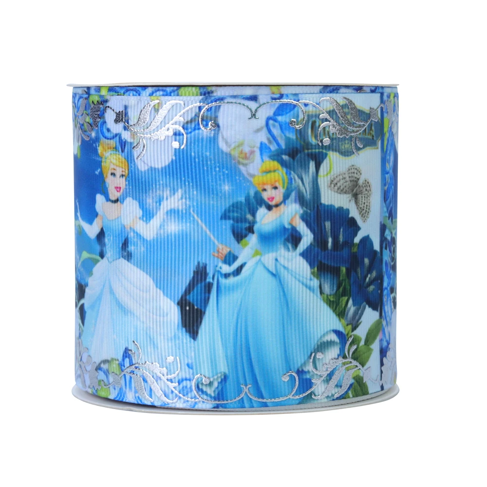 Princess Design Blue White Heat Transfer Hologram Printed Foiled Grosgrain Ribbon for Hair Bows