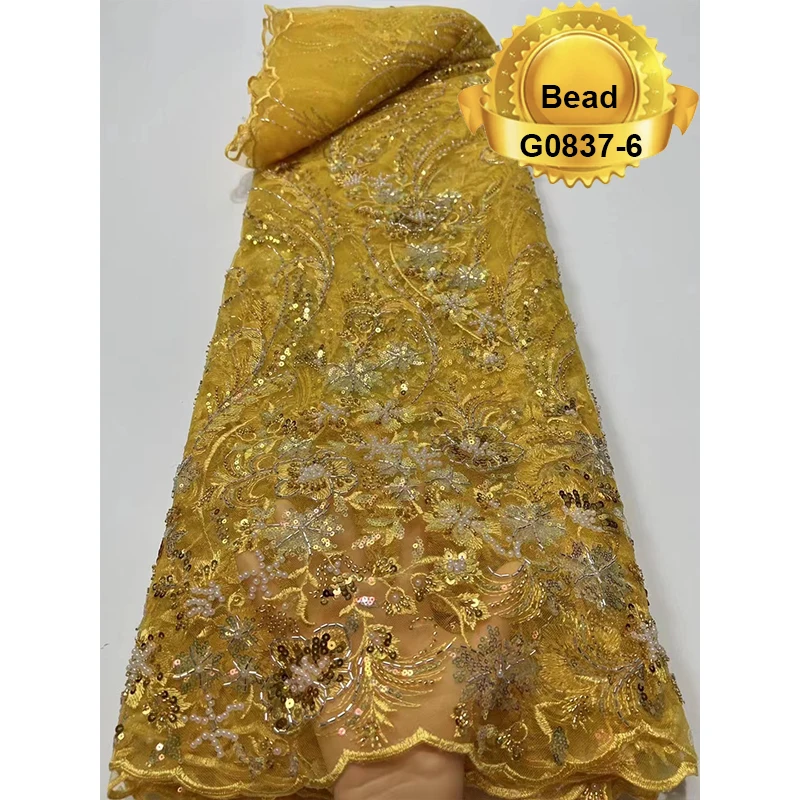 Guangzhou best quality lady dress machine beads 100% polyester french sequin lace fabric embroidery