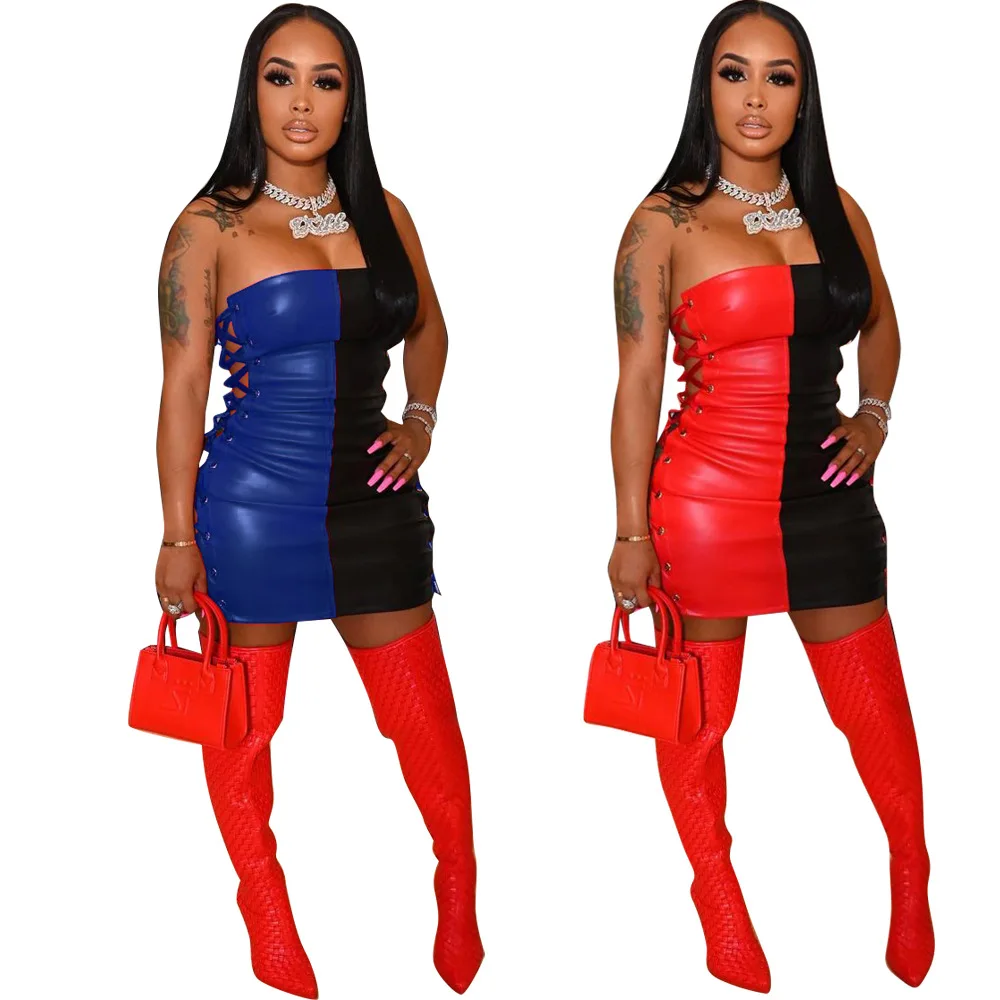 Women Sexy Strapless Bodycon Night Club Party Backless Vestidos Red Black Patchwork Lace Up Pu Leather Short Mini Dress