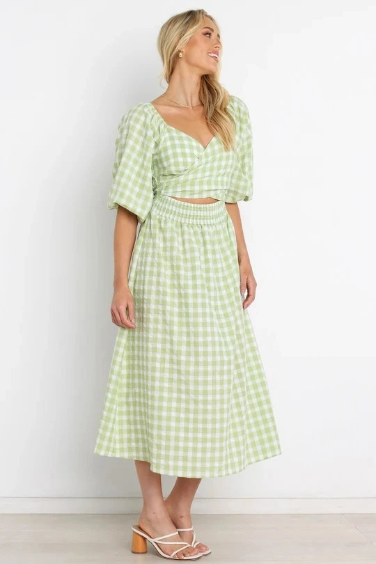 Summer Balloon Mid Sleeves Elastic Cuff Wrap V Neck Self Tie Cut Out Detail Shirred Waist Green Gingham Maxi Dress