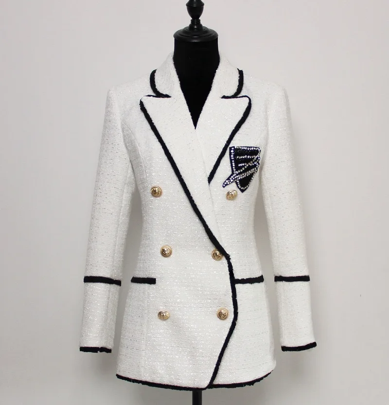 2022 Custom white color double breasted ladies blazer dress long sleeve tweed high quality spring women blazer