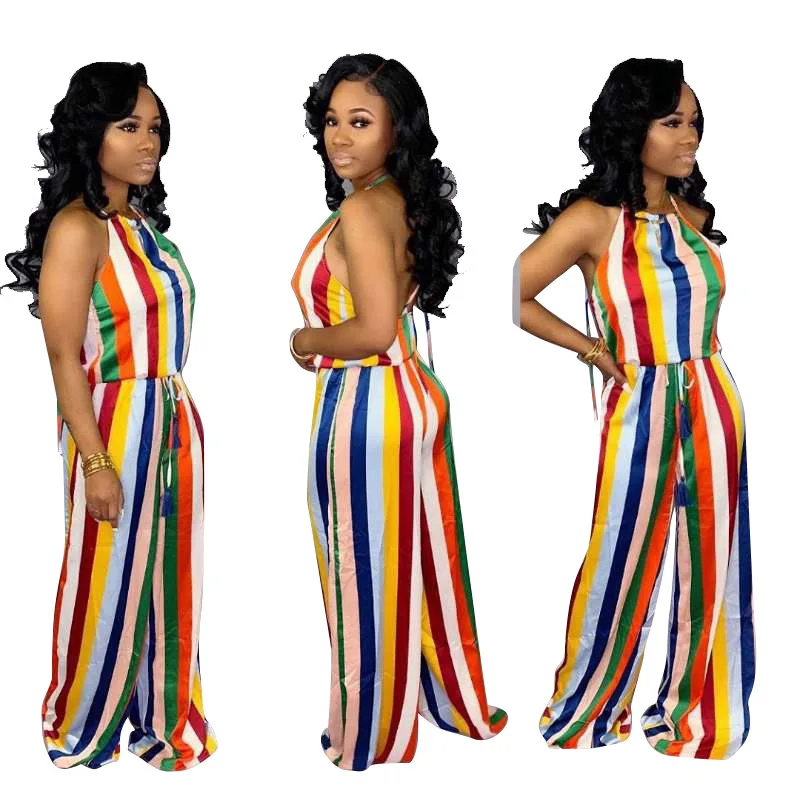 Wholesale  Summer sleeveless printed wide leg belt jumpsuits D8281