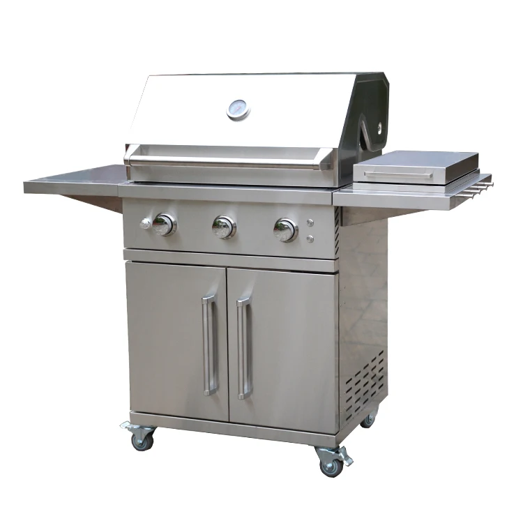 Barbecue Gas Grill High End Stainless Steel 3 Main Burners Stainless Steel Barbecue Grill Outdoor Trolley