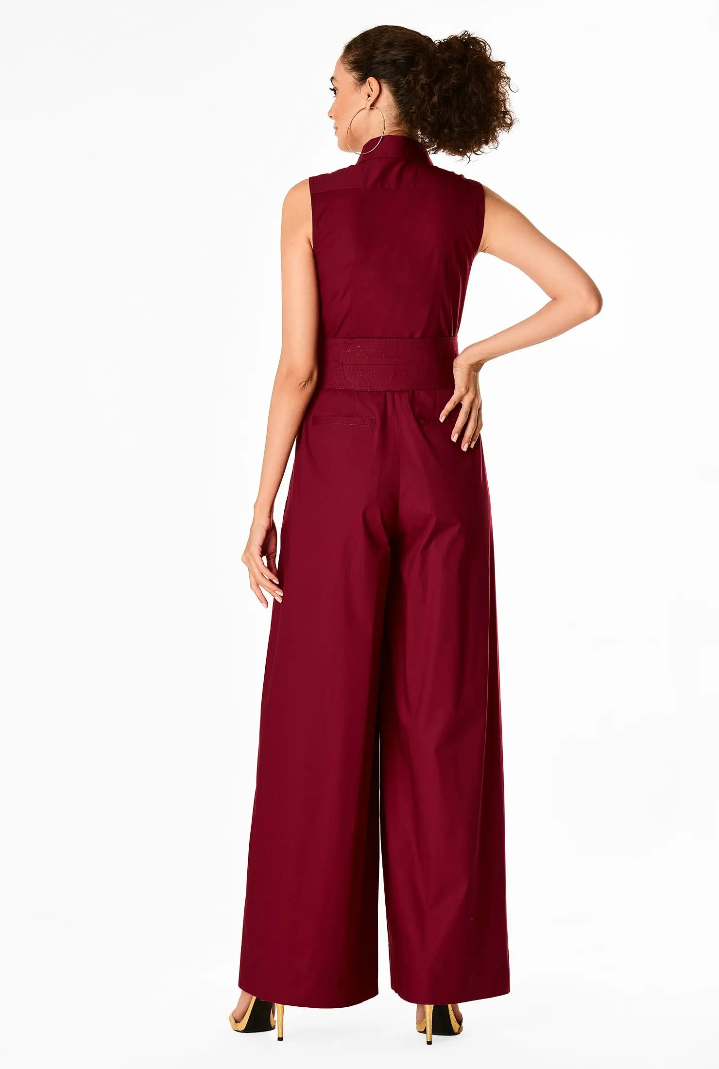 Office Ladies Design Solid Cotton Poplin Sleeveless Obi Belt Wide-legs bodycon Shirt Jumpsuit