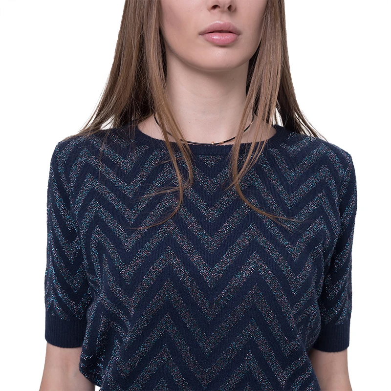 
Ever Fashion 2020 New Popular Color Design Lurex Navy Knit Tshirt Sweater Shrug Women College Sweater Pullover 