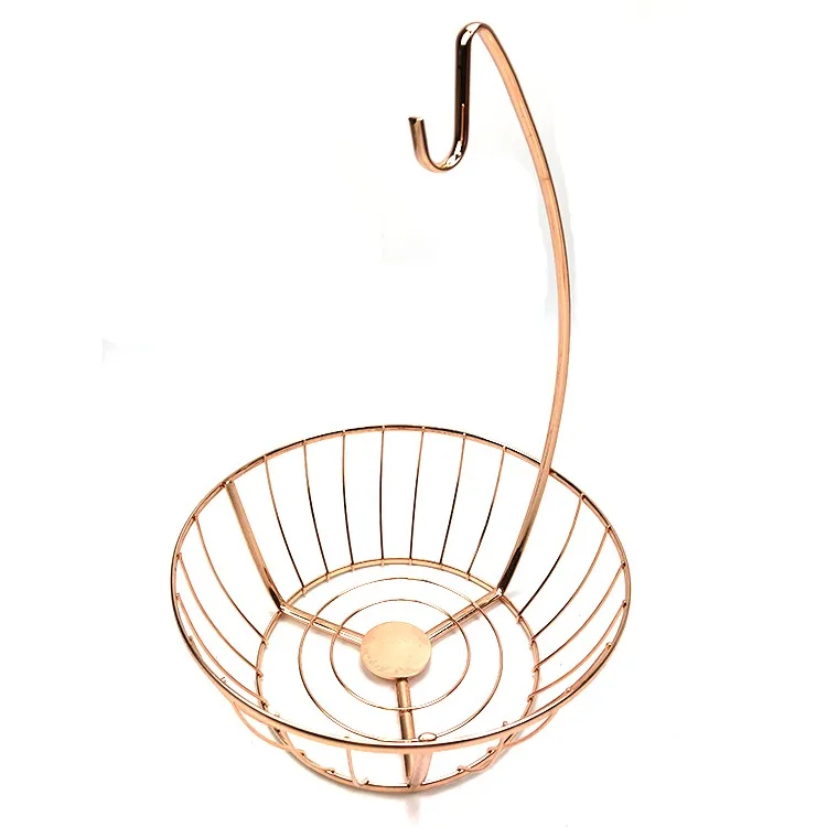 Горячая распродажа, розовое золото, Круглый Органайзер для хранения продуктов, корзина для фруктов из стальной проволоки с банановой вешалкой