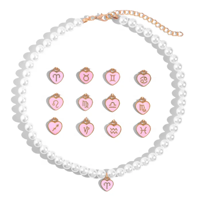 2022 New Design Fashion Enamel Pink Heart Pendant 12 Horoscope Pearl Beaded Zodiac Sign Choker Necklace For Women