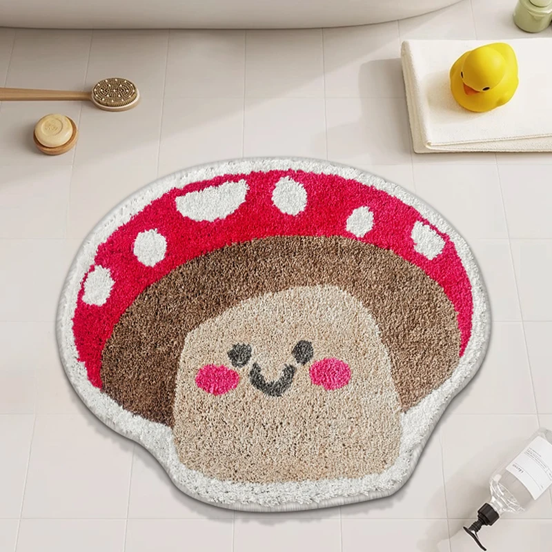 Hot Style Cartoon Red Smile Mushroom Fluffy Water Absorbent Bath Mat Non Slip Shaped Tufted Door Mats for Livingroom Kidsroom