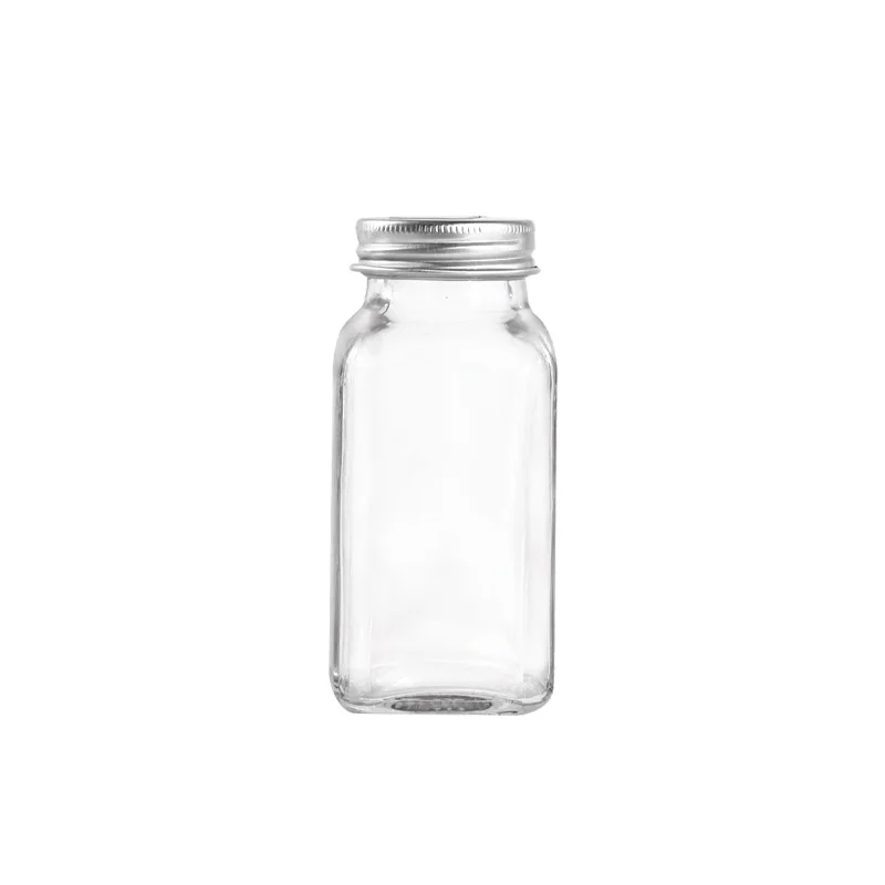 Wholesale 120ml Square Glass Salt Bottle Sugar Jar with Plastic Insert and Aluminum Lid 4oz Glass Spice Jar