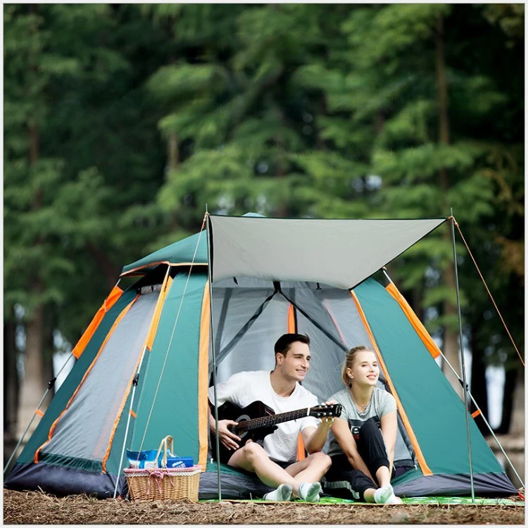 3-4 People Thick Rainproof Camping Automatic Camping Quick-Open Four-Sided Black Rubber Tent