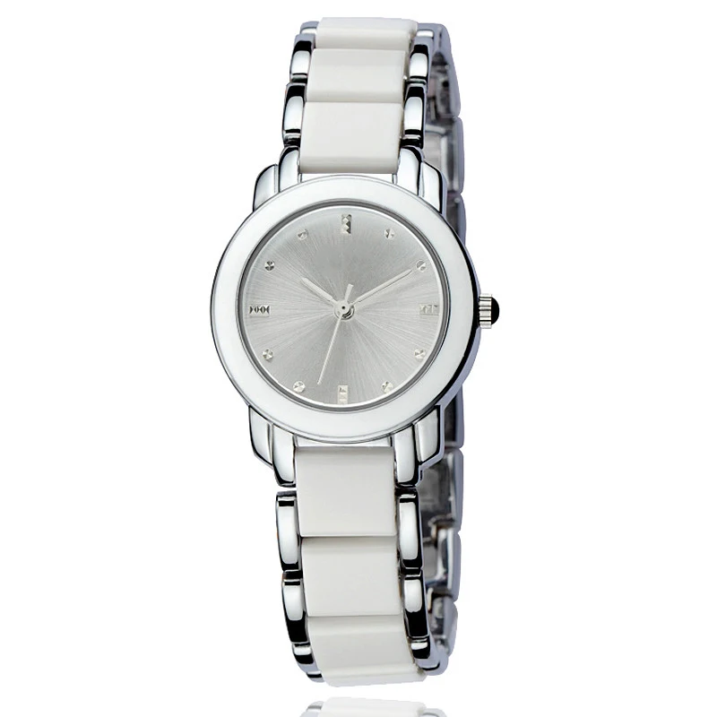 Stainless steel japan quartz movement crystals white black and pink color strap minimalist women white ceramic watch