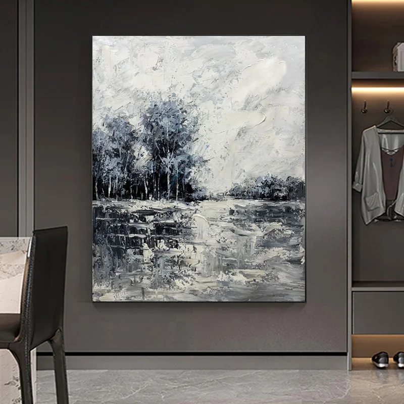 100% Handpainted High Quality Black and White Modern Landscape Canvas Painting for Home Decoration