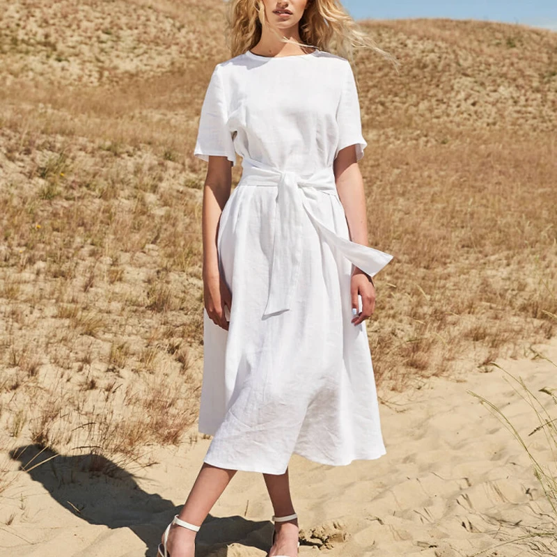 Custom Linen Dresses For Women Summer White Cotton Linen Long Casual Dresses Women Beach Dress 2023