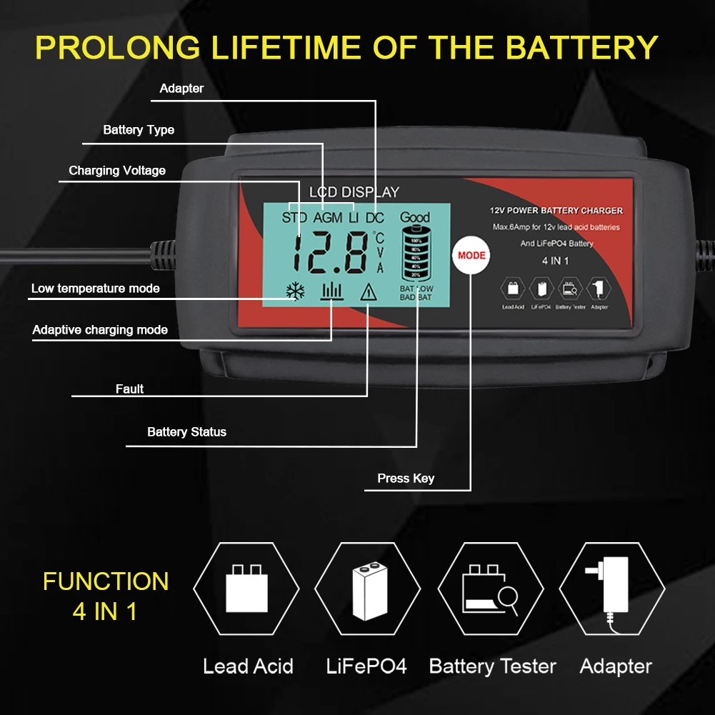 EVERPOWER 100W LCD Display 12V battery charger LiFePO4 Batteries Charger Lead Acid Battery Charger