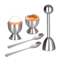 Egg Cracker Topper Set of 5 - Includes 2 Egg Cups, 2 Spoons and 1 Cutter - Stainless Steel Easy Egg Opener