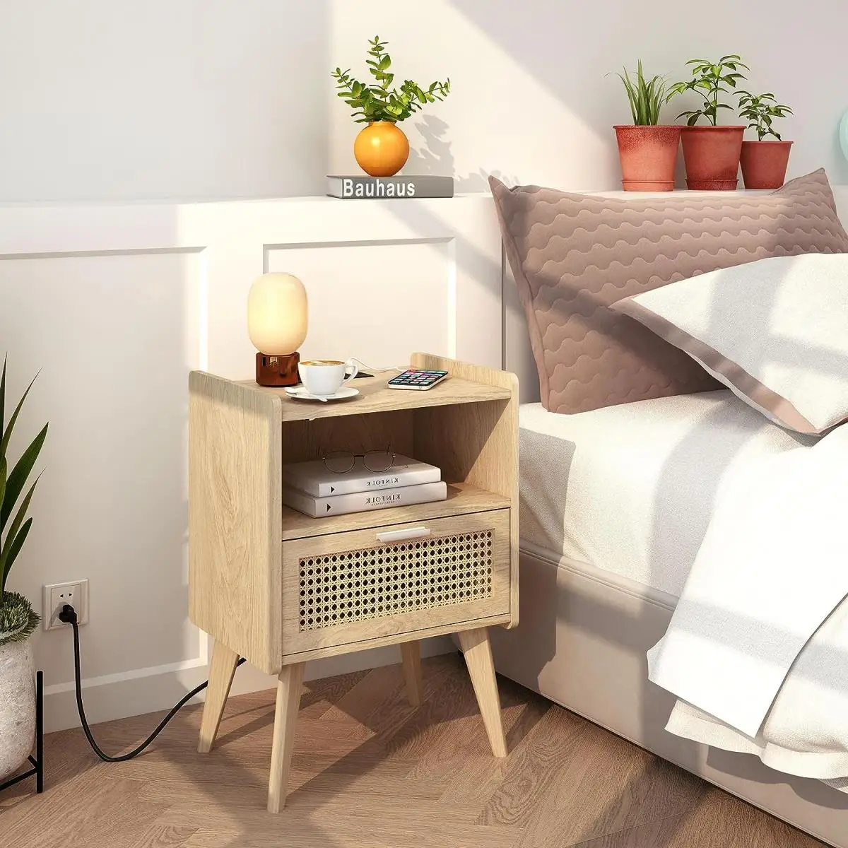 Modern Boho Nightstand Wooden Rattan Side Table with Storage Drawer End Table for Bedroom Furniture