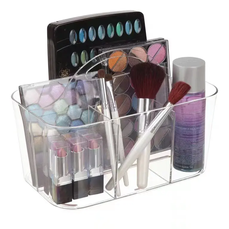Clear Plastic Makeup Storage Organizer Caddy Tote, Divided Basket Bin, Handle for Bathroom, Holds Eyeshadow Palettes, Nail Polis