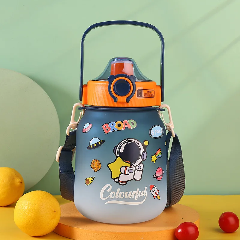 1100 1300ml Hot straw cute cartoon kids plastic water bottle with separation frosted student portable sports water bottles