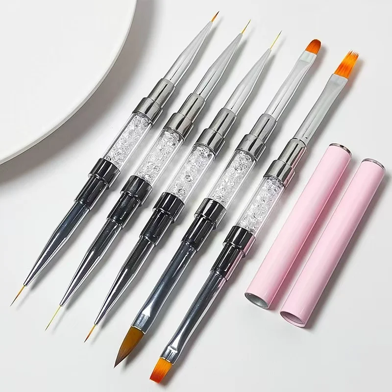 Professional Single Manicure Liner Brush Pink Double Side Nail Brush Metal Handle Nylon Hair Drawing Pen Light Therapy Pen