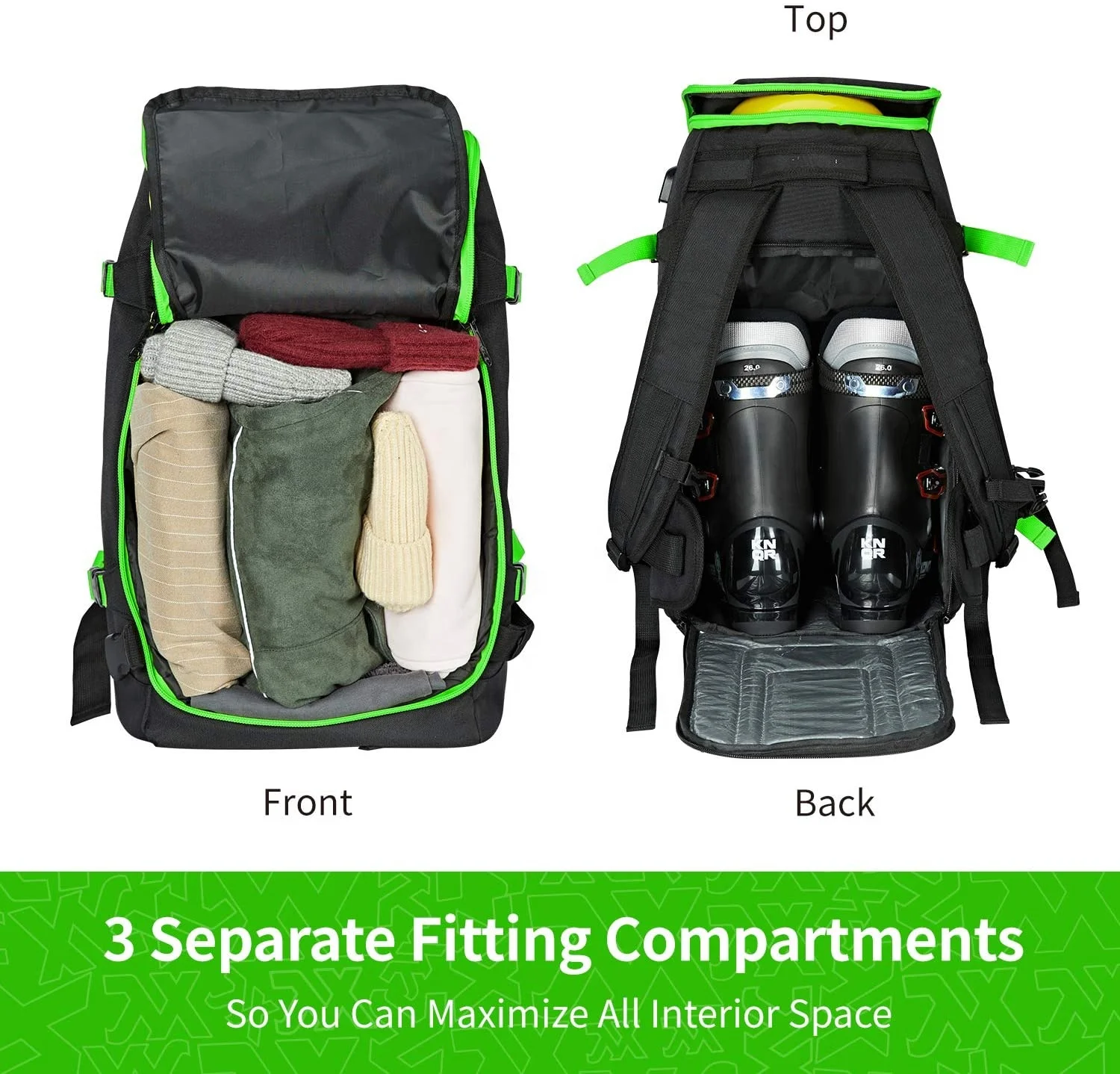 Tourbon Ski Snowboard Backpack 50L Flying Travel Stores Helmet Alpine Boots Clothes External Hanging Storage USB Charging Port