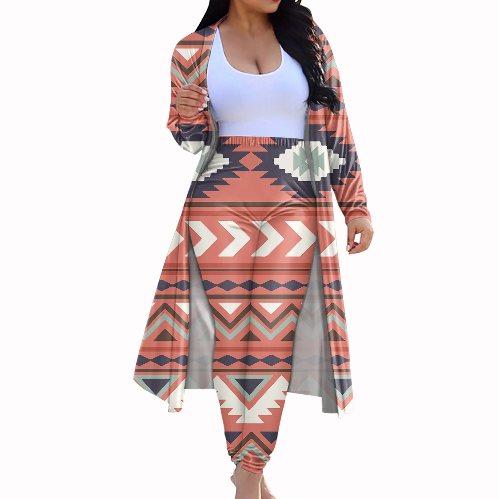 Hot Sell Black White HD Print Mexico Aztec Geometry Couple Clothes 2 pcs Set Custom Women Cloak Trousers Suit Cardigan Kimono