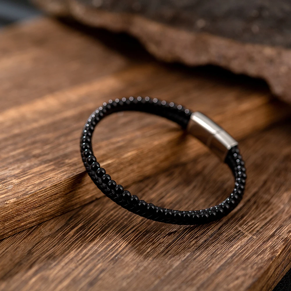 New Arrival custom Trendy Bead Stainless Steel Magnetic Clasp Mens Leather Bracelet Mens Jewelry Wholesale