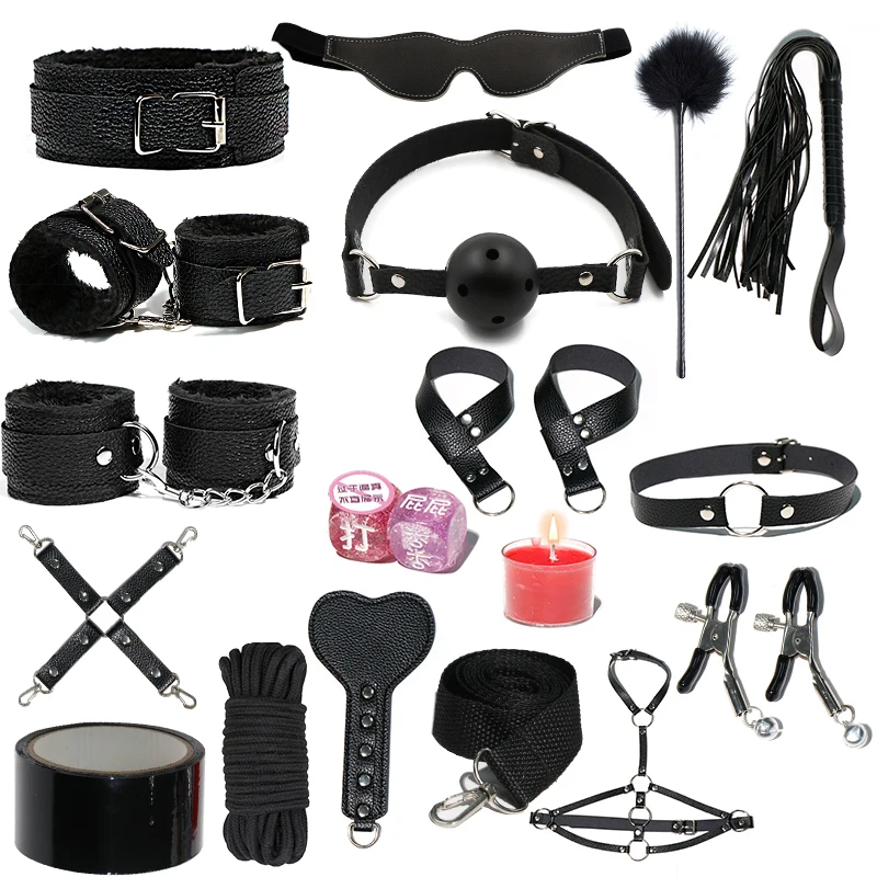 BDSM 17 PCS Kit for Sex Bondageromance Bondage Restraint Adult Sex Toy Blindfold Leather Wrist Handcuffs Set