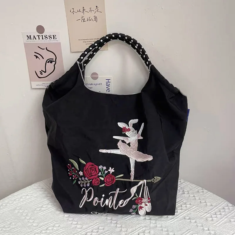 Embroidery Tote Bag Big Nylon Shopping Bag Nylon Foldable Reusable Shopping Bag for Women Lady Girls