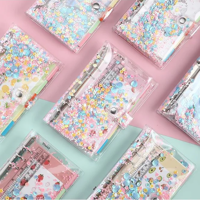 Journal Diary Notebooks School Office Supply Kawaii Notebook Oil Quicksand PVC Cover Notebook Glitter Sequins A6 for Students