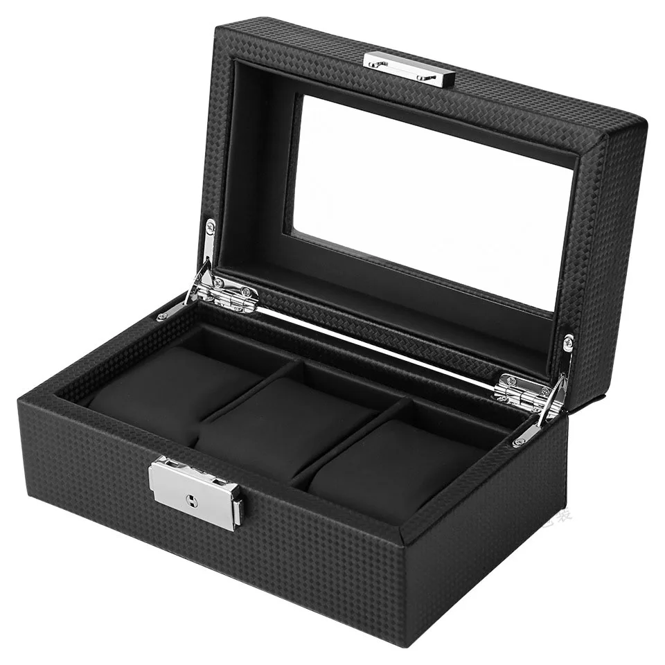 High Quality Carbon Fiber 3 slots Watch Boxes With Pu Leather Cushions And Black Watches Case Display