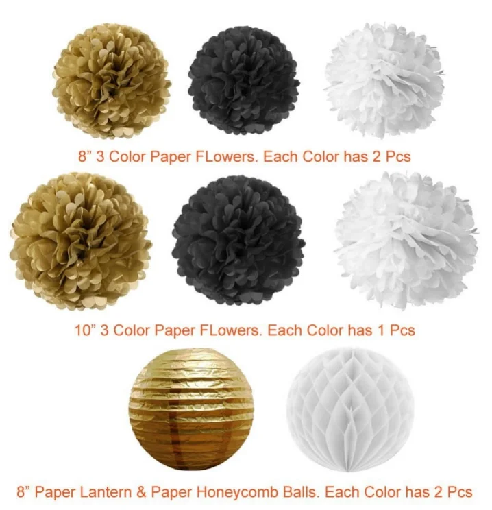 Черно-золотой баннер на день рождения с тканевыми помпонами и бумажным фонариком для украшения новогодней и новогодней вечеринки