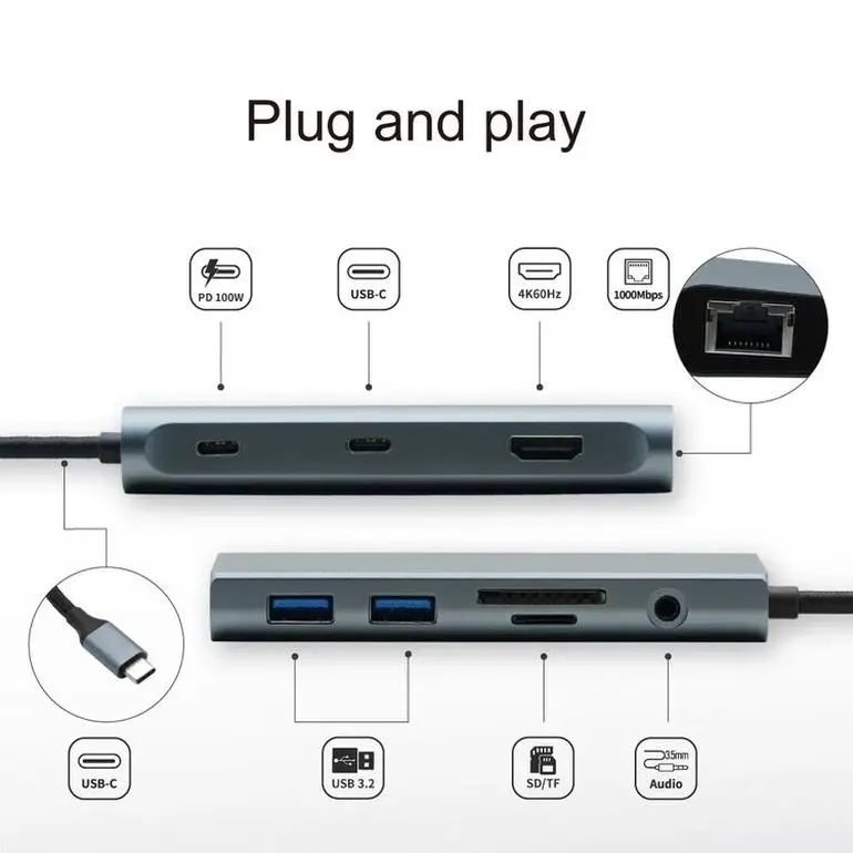 type c hub 9 in 1 USB 3.0 Hub Type C Network Converter Card Reader Adapter PD Charging Laptop Docking Station
