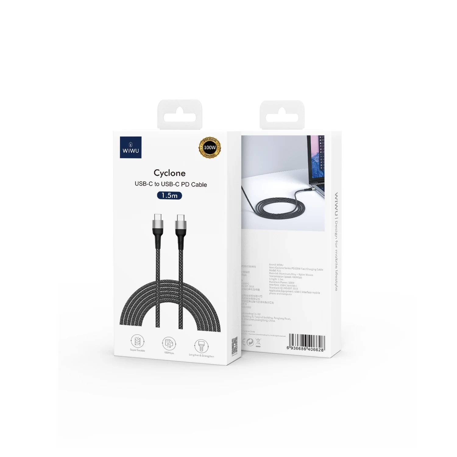 WiWU Black Color Safe and Powerful 100W C To C Cable USB C Charging Cable PD Fast Charge For MacBook