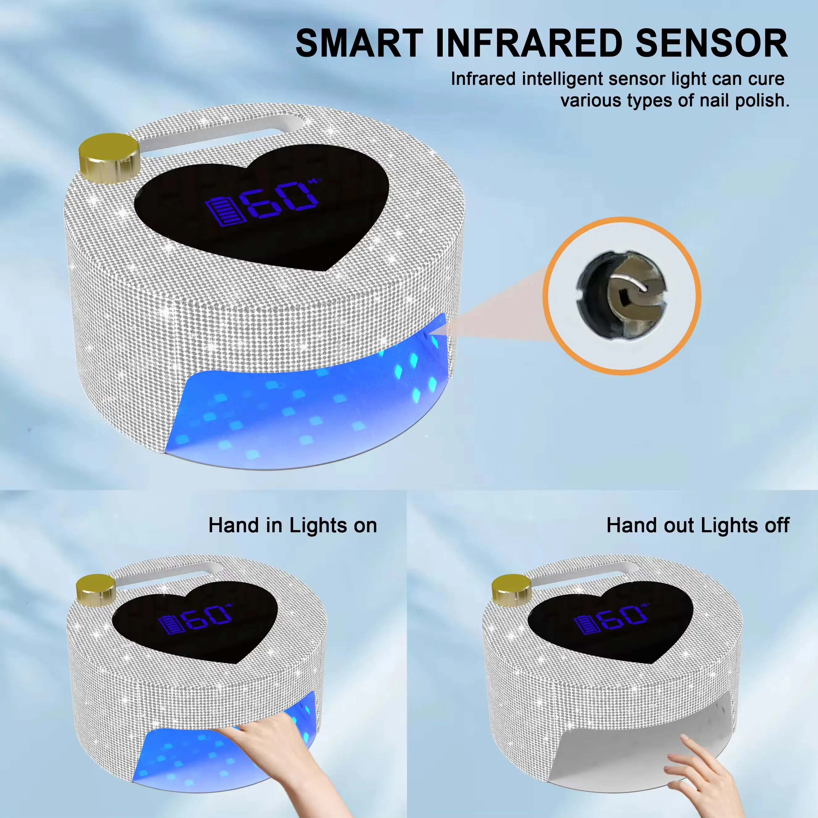 New Wireless 54W Heart Shape With Diamond Decoration Nail Lamp Home And Salon UV LED Light