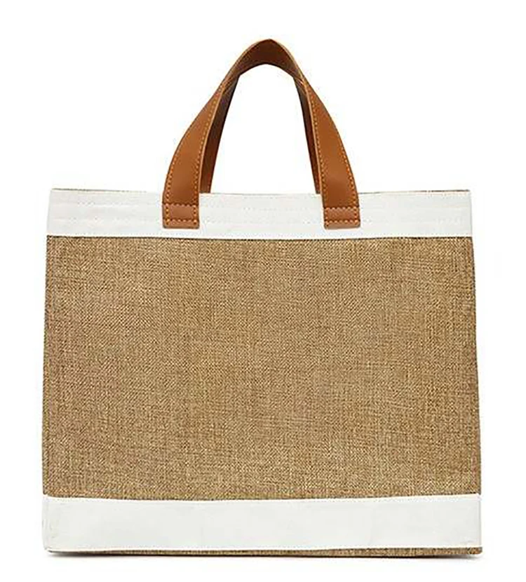 Shoulder Leather Bamboo Handle Eco Friendly Custom Plain Recycled Extra Large Bulk Wholesale Jute Beach Bag