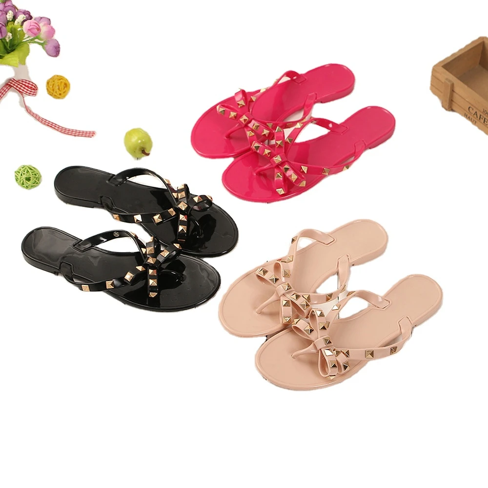 2021 New Arrivals Summer Bow Rivet PVC Transparent Jelly Bohemia Beach Bow Ladies Flip Flops Flat Sandals Shoes for Women