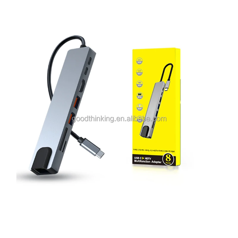 100M RJ45 port USB 3.0 PD 100W Fast charge TF SD 4k TV for hdmi 8 in 1 type c usb hub with gigabit ethernet 8 port