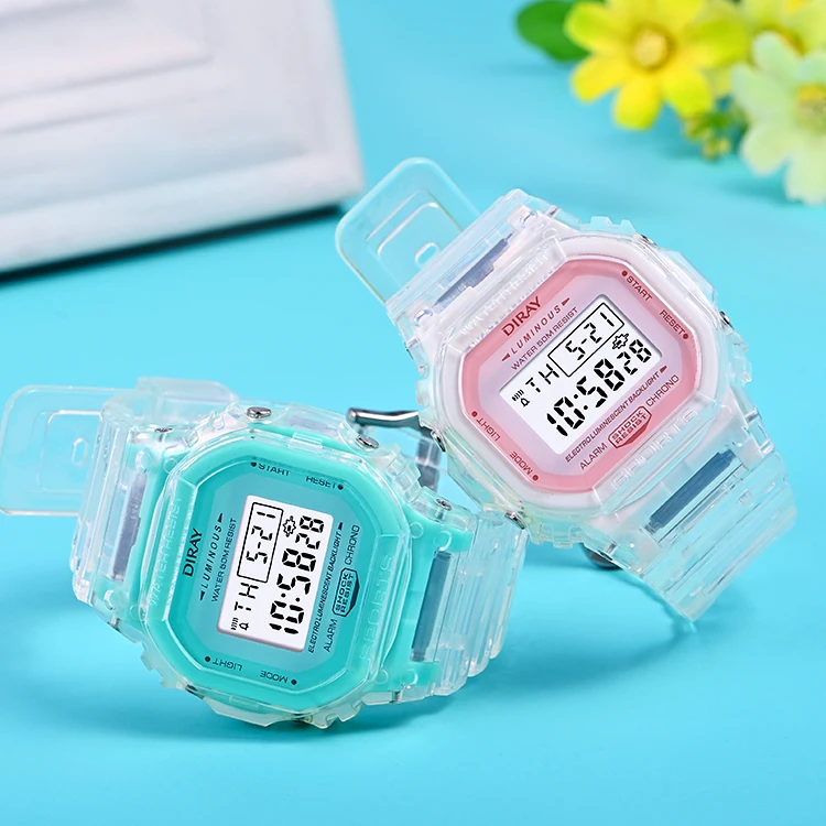 Transparent soft PU strap Cool  Alarm Timing Waterproof Square Display Date Digital Wrist Watch for women