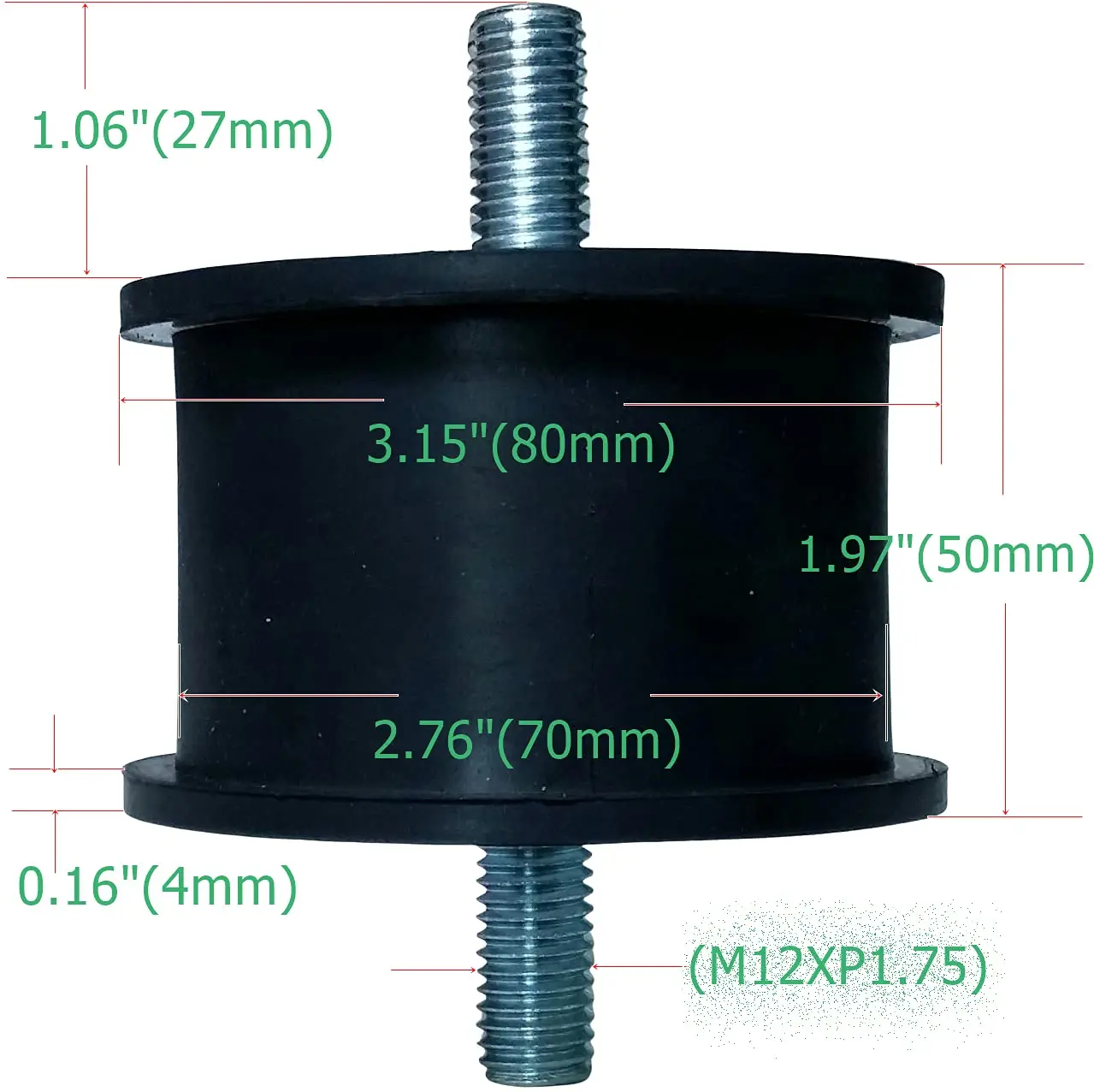 Large rubber cylindrical vibration isolator bracket with M12 thread for pumps, generators, engines, compressors, motors, etc.