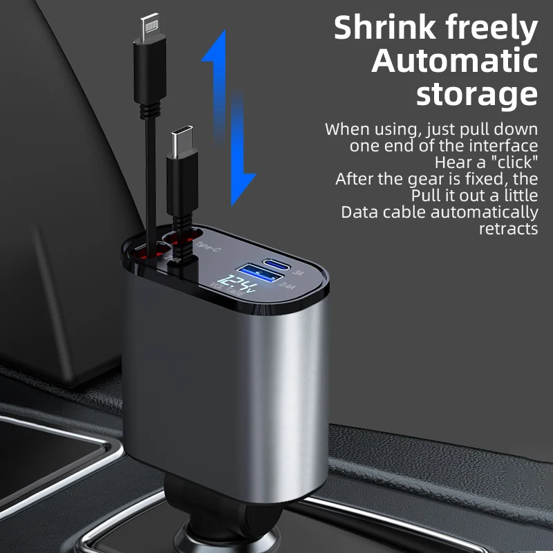 Newest 20W 4 IN 1 USB Type C Cable For IPhone Samsung Fast Charge Cord Cigarette Lighter Adapter Retractable Car Charger