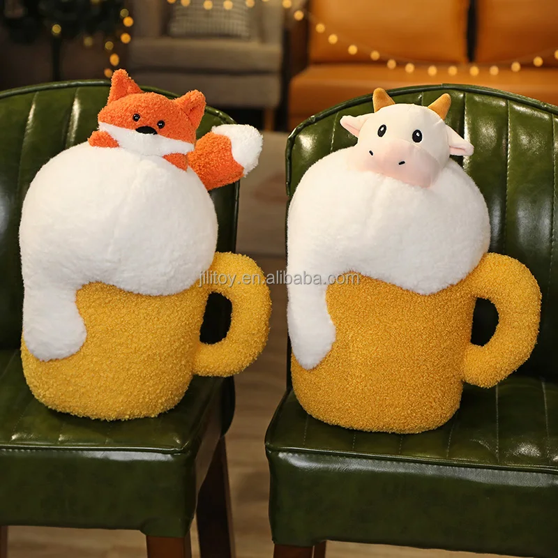 New design popular custom plush animal toys beer pillow beer plush toy cow stuffed toy