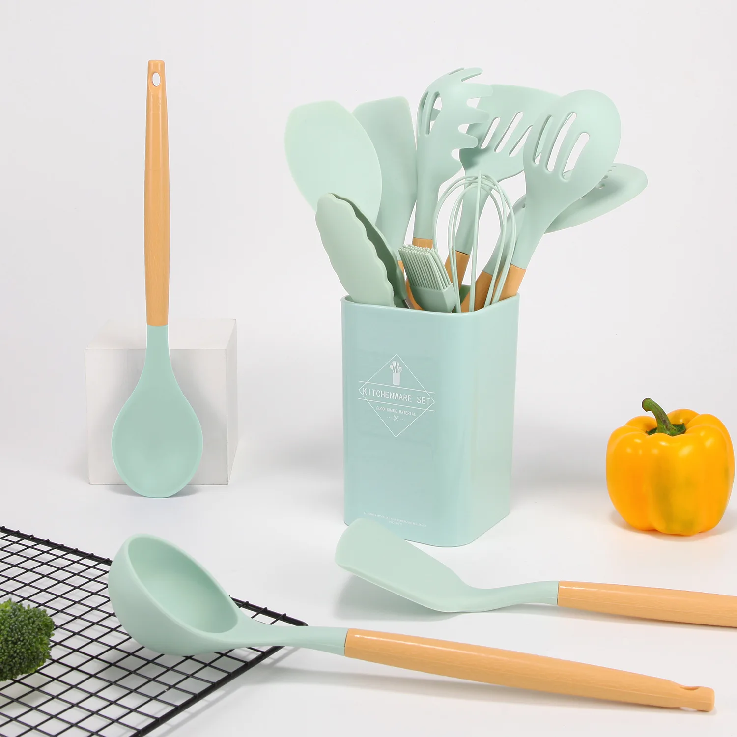 12 Pieces Silicone Kitchen Accessories Cooking Tools Kitchenware Cocina Silicone Kitchen Utensils With Wooden Wood Handles