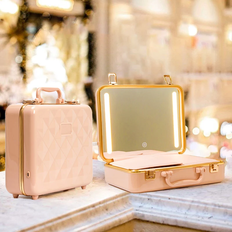 KONCAI Professional ABS Makeup Bag with Large Capacity LED smart mirror Makeup Box Vanity Cosmetic Pouch Beauty Case
