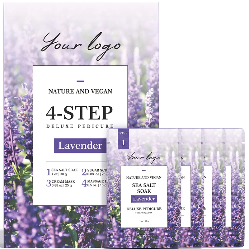 Private Label Oem Odm Lavender Scent Natural Foot Skin Care Set Detox Sea Salt Soak Pedi A Box 4 Step Spa Pedicure Kit