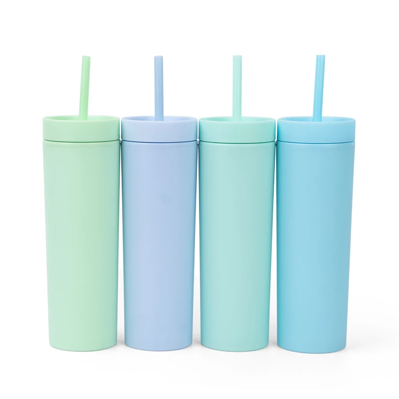 Оптовая продажа, Матовый акриловый тонкий стакан с двойными стенками 16 унций, изолированный красочный тонкий пластиковый стакан с крышкой и соломинкой